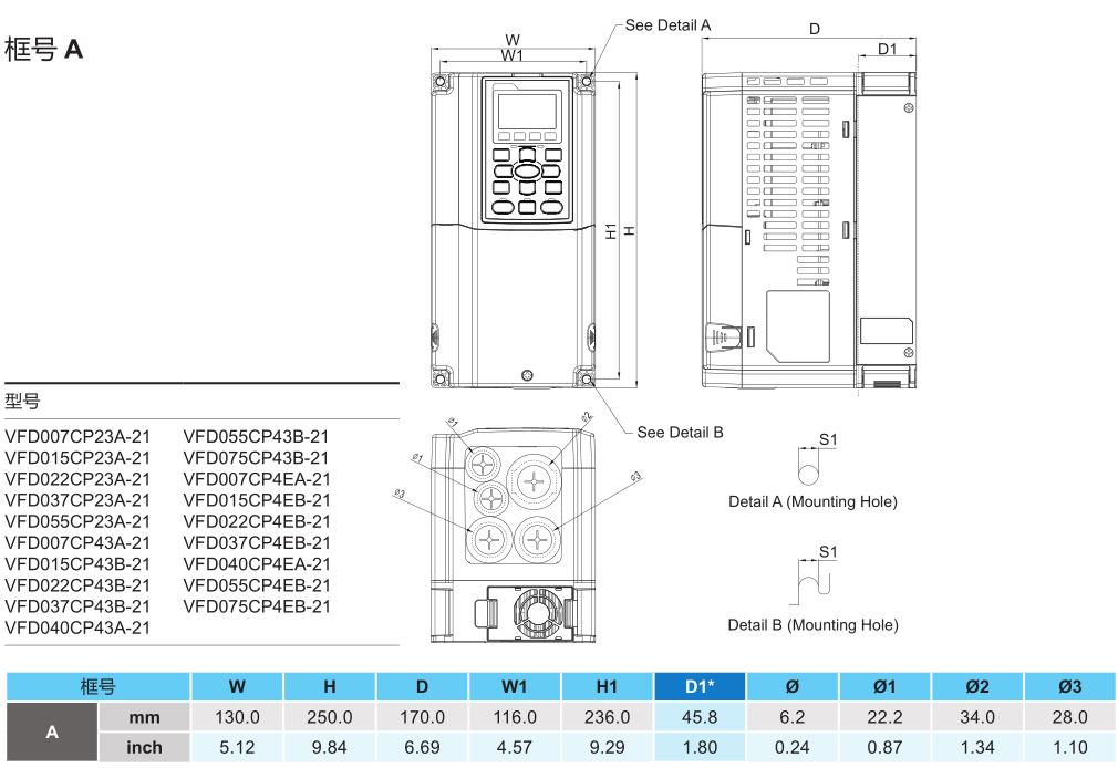 5.5kW臺(tái)達(dá)變頻器VFD055CP43B-21的安裝尺寸