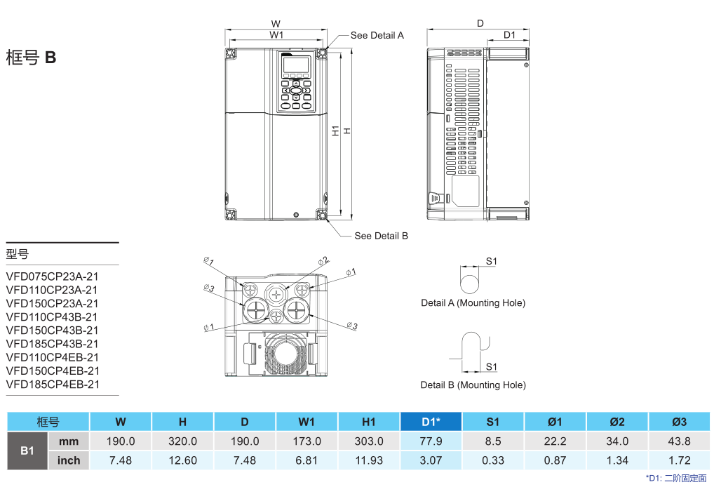 11kW臺達(dá)變頻器VFD110CP43B-21的安裝尺寸